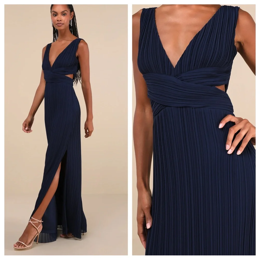 NWT Lulus Compelling Poise Navy Blue Plisse Cutout Sleeveless Maxi Dress Large - Picture 15 of 16